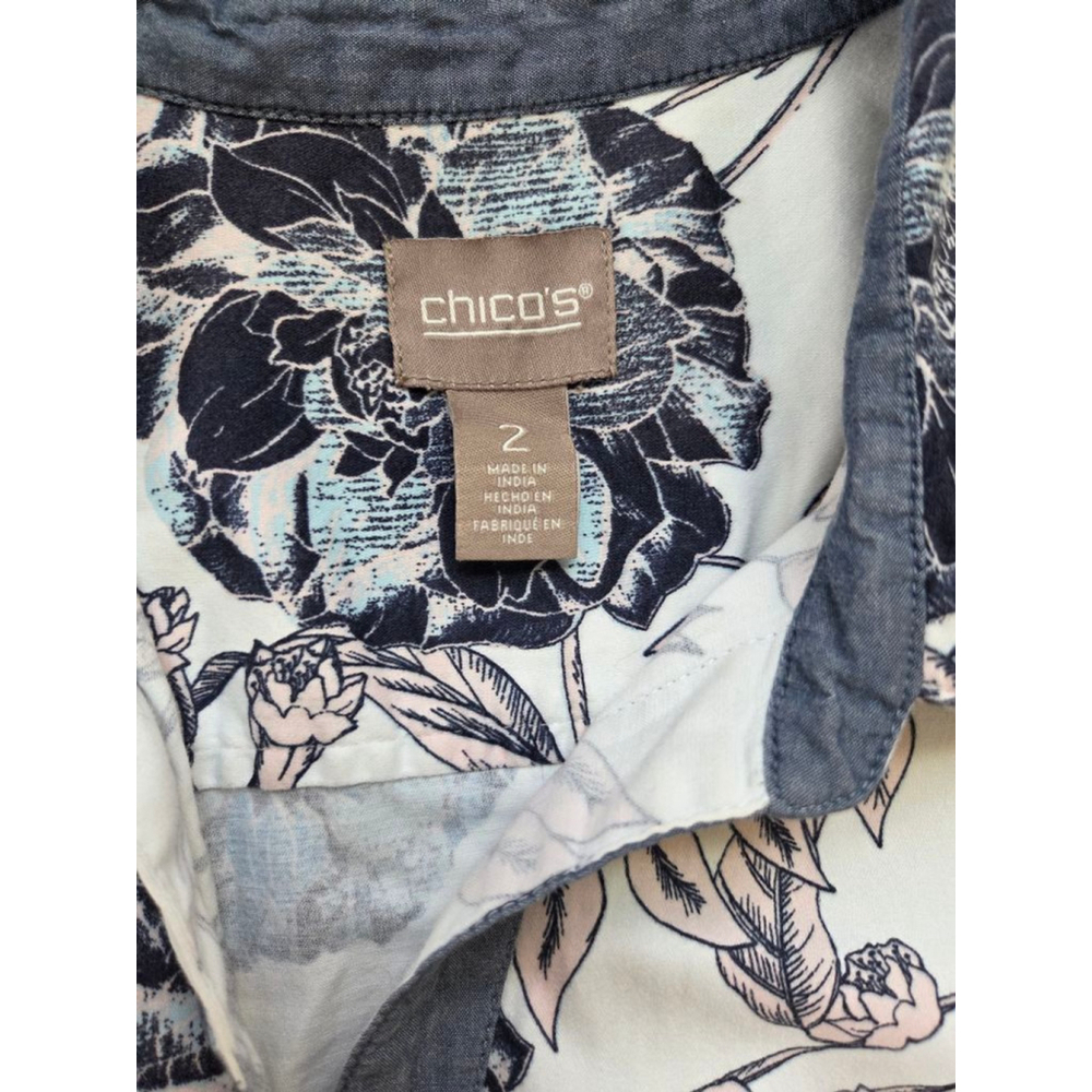 Women's Chico's Off-White Blue Pink Floral Button Down Shirt Size 2 - Picture 2 of 2